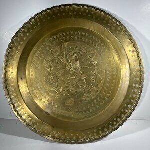 Vintage Round Brass Bird Flowers Wall Plate Plaque Hang Etched Tooled Fruit 14"